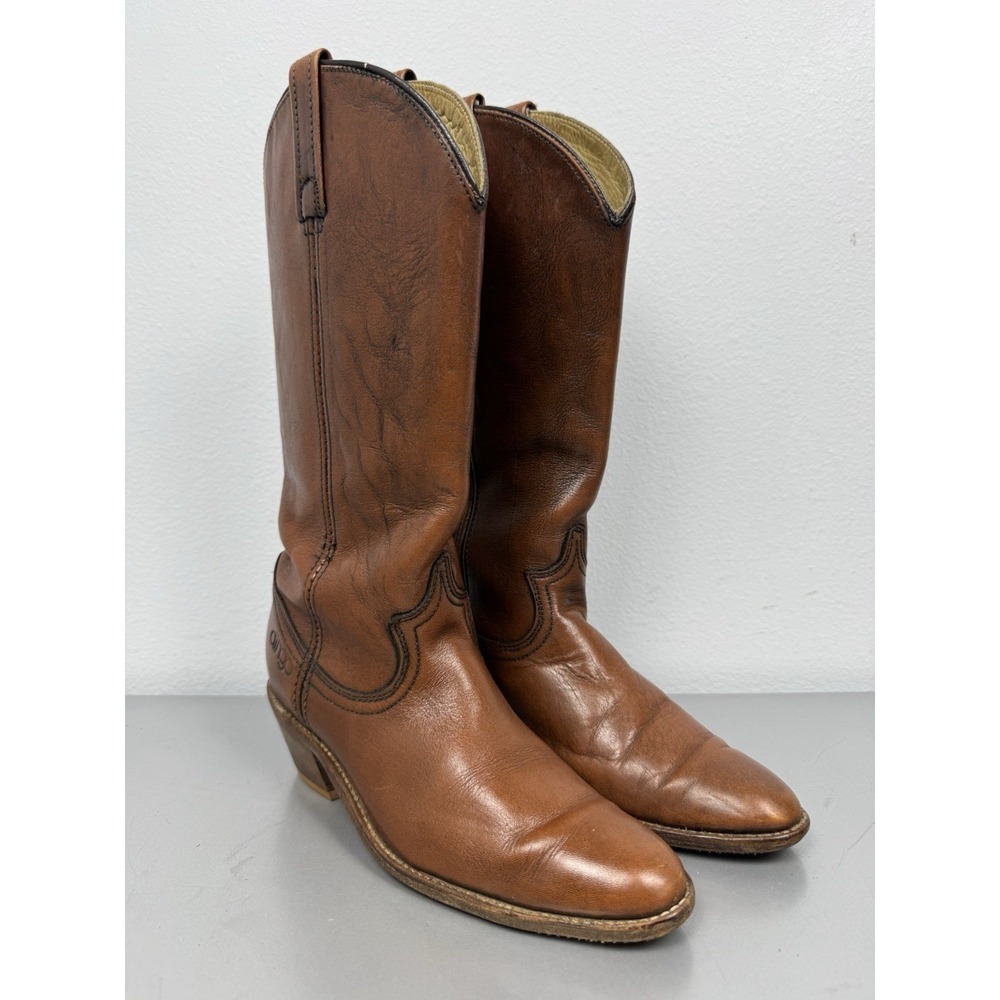 Vintage 70s Dingo Acme Cowboy Boots Womens 7 M Brown Leather Western Tall Rodeo